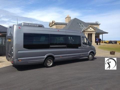 Paul McGinley Golf Tours luxury Mercedes Sprinter outside a St Andrews golf clubhouse